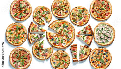 Many slices of pizza on a white background - Generative AI