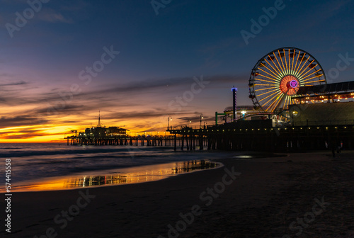 Santa Monica Pier, Pacific Wheel and Santa Monica Beach at Sunset