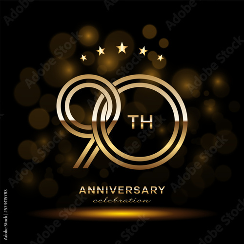 90 year anniversary celebration. Anniversary logo design with double line and golden text concept. Logo Vector Template Illustration