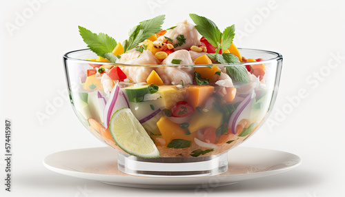 Fish ceviche with sweet potatoes. Traditional Peruvian food. Ceviche with enough tigra milk - Generative AI photo