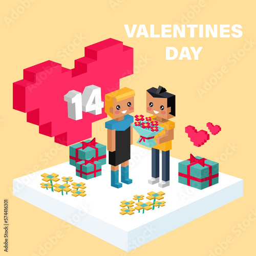 Happy Valentine day pixelated vector banner. Gifts for boyfriend and bouquet for girlfriend wife and husband. Love isometric concept wallpaper, card. 14 february. Love, honesty, romantic, relationship