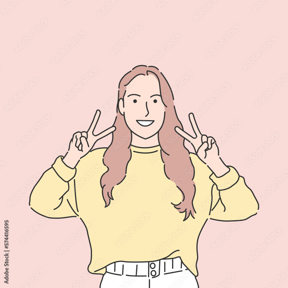 Smiling woman making a peace sign with her hands. Hand drawn style vector design illustrations. Smiling woman making a peace sign with her hands. Hand drawn style vector design illustrations.
