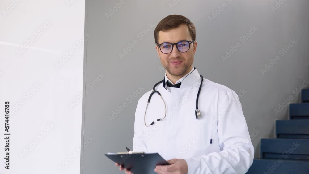 Smiling young Caucasian male doctor in white medical uniform show good quality service in hospital. Headshot portrait of happy man GP or pediatrician in clinic. Healthcare concept Smiling young Caucasian male doctor in white medical uniform show good quality service in hospital. Headshot portrait of happy man GP or pediatrician in clinic. Healthcare concept