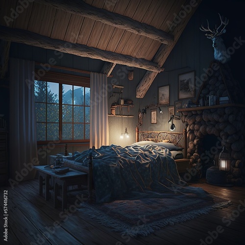 rustic styled bedroom interior design illustration at night