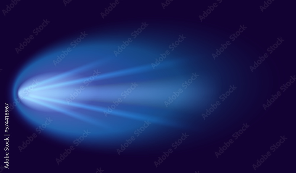 Meteor or comet. Neon space flying meteorite or asteroid, realistic vector illustration. Meteor fire trails isolated. Fireball glowing gas and dust tails at night sky