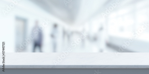 White reception table with blurred clean hospital corridor and people walking in motion, blur modern office interior background, defocused medical clinic with empty space for design 3D illustration © ZETHA_WORK