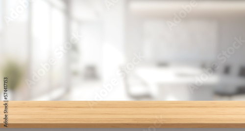Wooden table top with blurred clean business meeting room, abstract blur modern office interior background, defocused co working space with empty space for presentation design 3D rendering
