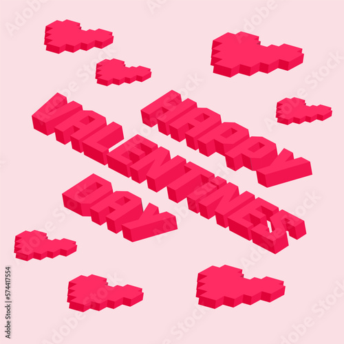 Postcard, love message or Happy Valentines Day banner pixel art with red hearts on pink background. Greeting Card to lovers for holiday. Falling in Love. Modern vector art heart pixelated design