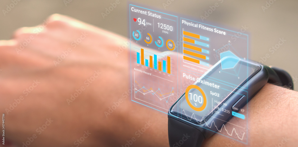 Futuristic hologram infographic display on smartwatch, 3d rendering medical  data user interface screen app on hi-tech watch, heart rate SpO2 scanning  and physical health condition UI technology Stock-Illustration | Adobe Stock