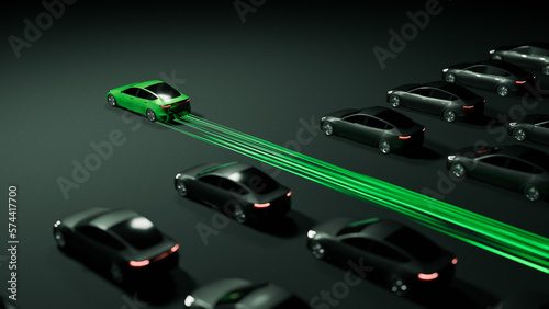 Electric vehicle green energy with zero carbon emission, ev car with green light trail power by sustainable resources, eco friendly environment concept 3d rendering