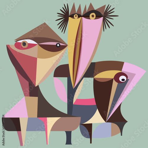 Vector hand drawn illustration of grotesk cubist unreal imaginative decorative artistic abstract bird-like colorful creatures