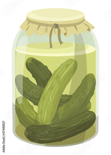 Homemade pickled cucumber. Clip-art of marinated food for packaging, label, menu, signboard or showcase. Fermented veggies, crunch gherkin with salt. Healthy vegetarian food