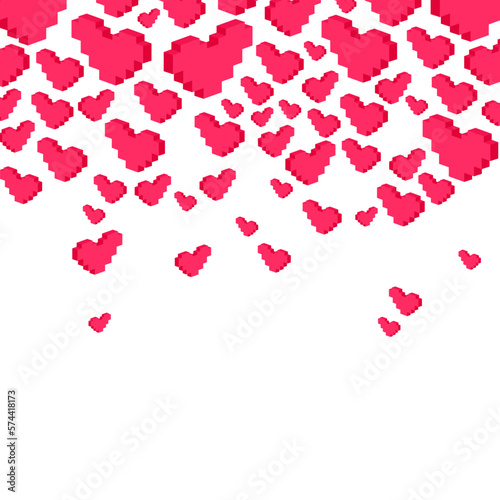 Postcard, love message or Happy Valentines Day banner pixel art with pink hearts rain falls down. Greeting Card to lovers for holiday. Falling in Love. Modern vector art heart pixelated design