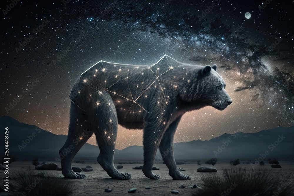 Fototapeta premium Bear and magic night sky. Illustration AI Generative