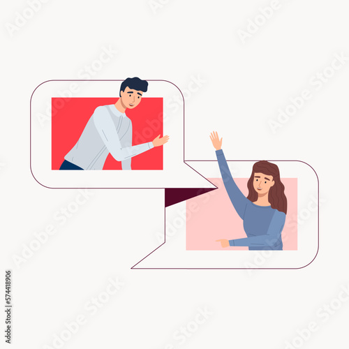 Video conference, converse via video call. Man and woman on computer screen talking with colleague. Video conferencing and online communication concept. Virtual work meeting and videoconferencing