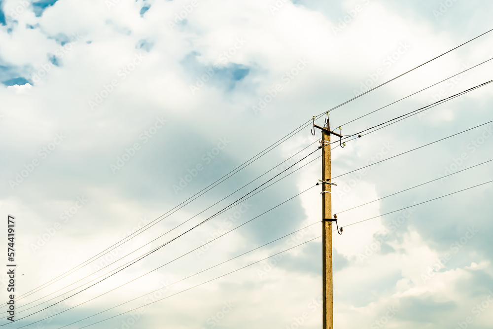 Power electric pole with line wire on colored background close up Power electric pole with line wire on colored background close up