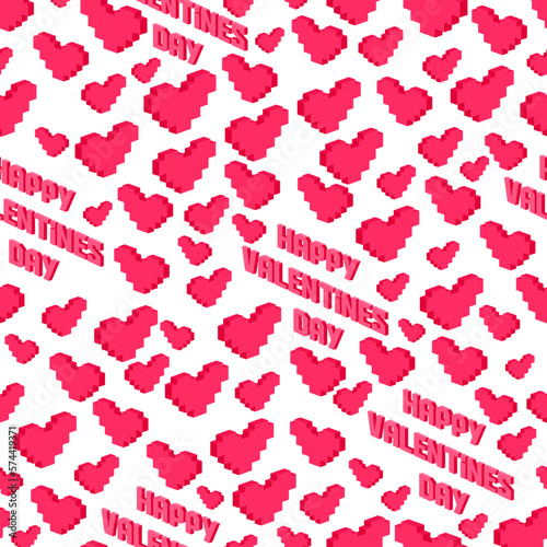 Postcard, love message or Happy Valentines Day banner pixel art with pink hearts seamless pattern. Greeting Card to lovers for holiday. Falling in Love. Modern vector art heart pixelated design