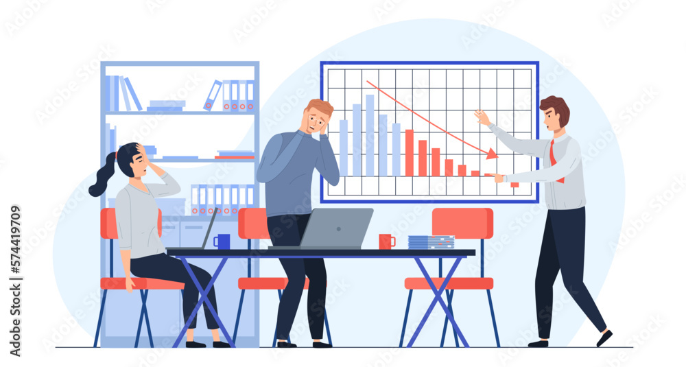 Company bankruptcy. People facing financial crisis and loss. Business people upset about recession, economy problems. Vector illustration for decrease, company failure, debt concept, budget deficit