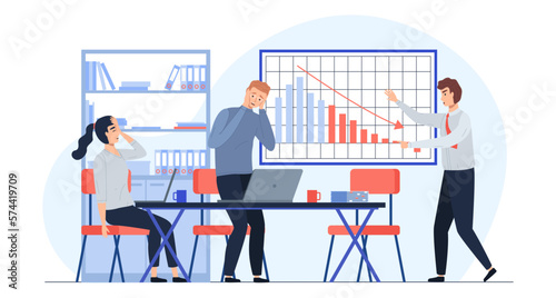 Company bankruptcy. People facing financial crisis and loss. Business people upset about recession, economy problems. Vector illustration for decrease, company failure, debt concept, budget deficit
