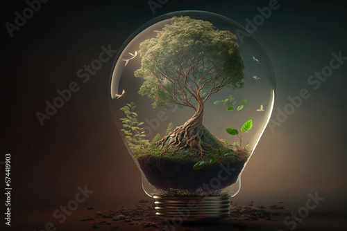 Light bulb with green tree. Illustration AI Generative