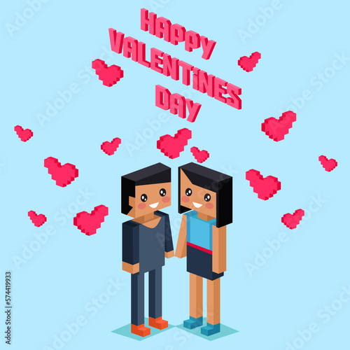 Happy Valentines Day poster in pixel art style. Love message. Pixel pink hearts and pixelated couple in love. Proposal for marriage at Valentines day. Honesty, romantic, relationship. Greeting Card