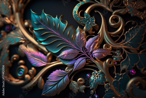 background ornate pattern and abstract flowers and vines, gold and iridescent purple and teal with soft pink colors intricate pattern,generative ai.