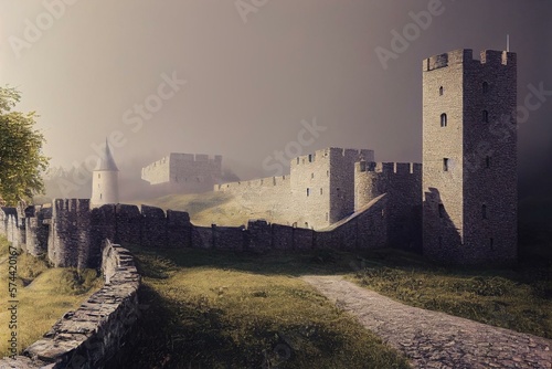 Tableau sur toile Medieval castle walls looming over a historic village town with fog at the bottom of the wall
