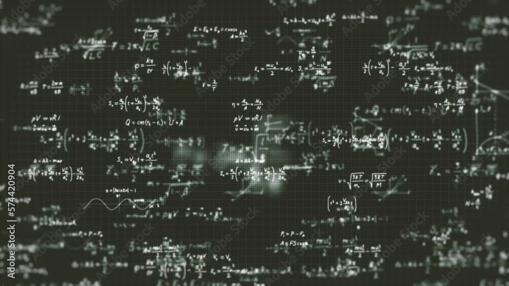 Mathematics Equations And Formulas On Blackboard/ 4k animation of an abstract science background of mathematics equations and figures written with chalk on school blackboard with blur and depth of fie