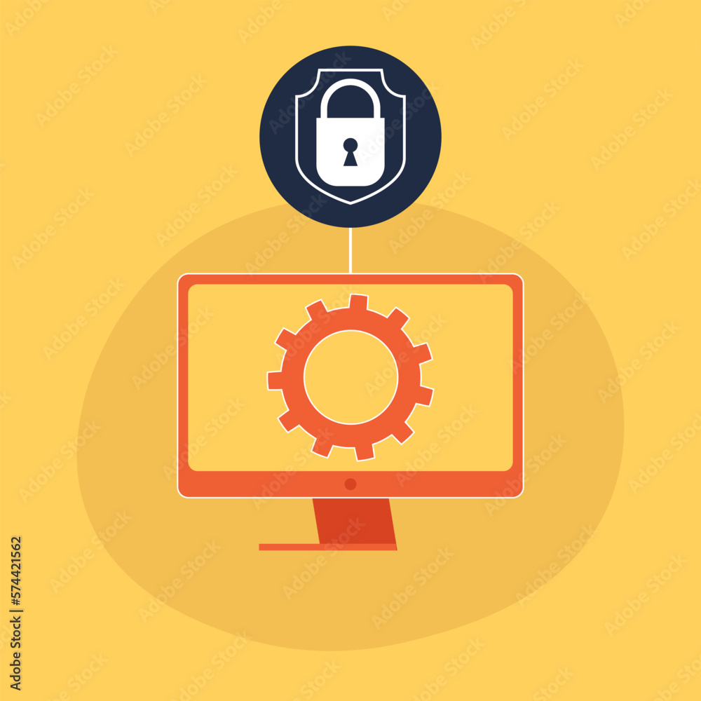Lock on computer monitor screen icon on yellow background. Security, safety, protection concept. Safe internetwork. Firewall protection, privacy access, private data, safety service or system Lock on computer monitor screen icon on yellow background. Security, safety, protection concept. Safe internetwork. Firewall protection, privacy access, private data, safety service or system