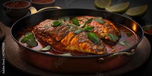 Delicious Fisch Masala Fillet gekocht in einer feinen scharfen Soße im indischen Restaurant, ai generativ photo