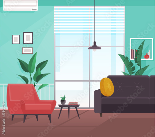 Interior design living room. Furniture in regular home with no people. Green houseplants in pots and pictures in frames on wall shelf, sofa, chest of drawers, interior elements of room