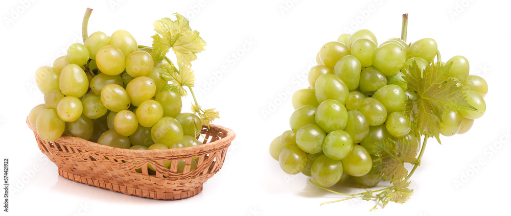 green grapes in a wicker basket isolated on white background green grapes in a wicker basket isolated on white background