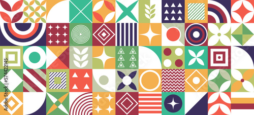Neo geometric poster. Grid with color geometric shapes. Abstract Geometric Background. Neo Geo Pattern.
