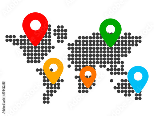 Map with location pointers, continents with countries and geotag. Connection and international communication worldwide. Delivery in different country. Geolocation signs, navigation gps locator