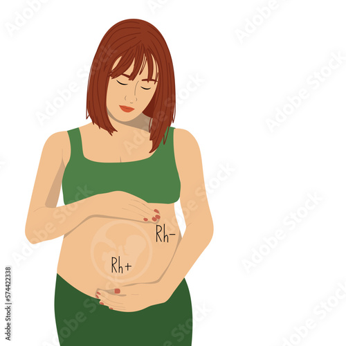 Sad pregnant woman with baby inside belly. Rh factor and Rh conflict concept. Vector illustration