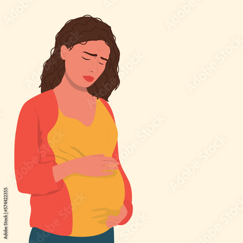 Pregnant sad woman. Beautiful happy mother to be. Modern flat vector illustration