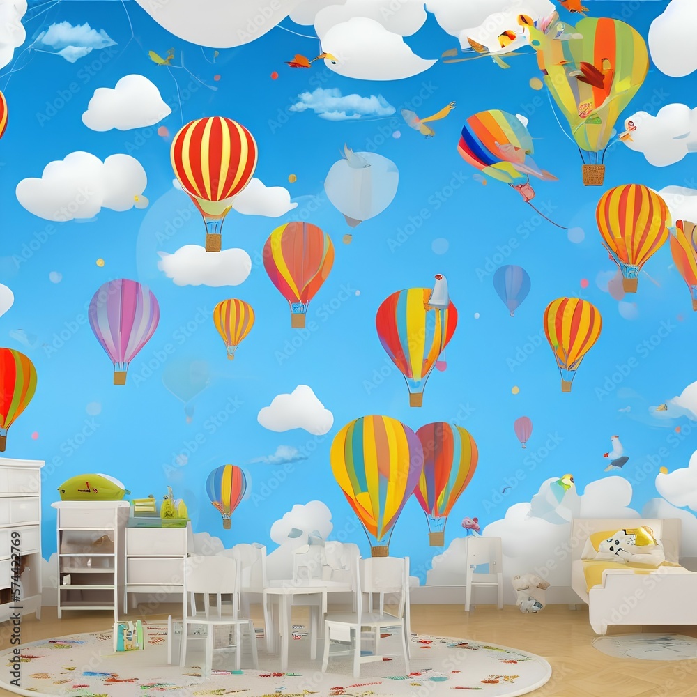 3d kids room wallpaper design with hot air balloons and birds on a sky background - generative ai 3d kids room wallpaper design with hot air balloons and birds on a sky background - generative ai