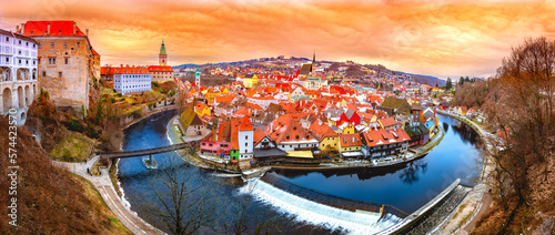 Panoramic view of Cesky Krumlov with St Vitus church in the middle of historical city centre. Cesky Krumlov, Southern Bohemia, Czech Republic. photo