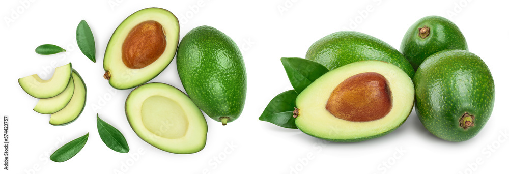 avocado and slices decorated with green leaves isolated on white background. Top view. Flat lay avocado and slices decorated with green leaves isolated on white background. Top view. Flat lay