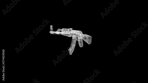 3D assault rifle AK47 rotates on black bg. Object dissolved white flickering particles 60 FPS. Business advertising backdrop. Science concept. For title, text, presentation. 3D animation photo