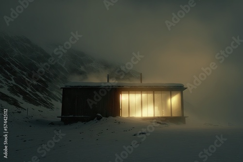 Foggy Nordic Sunrise: Cabin in the Mountain Landscape. Generative AI © Milos Stojiljkovic