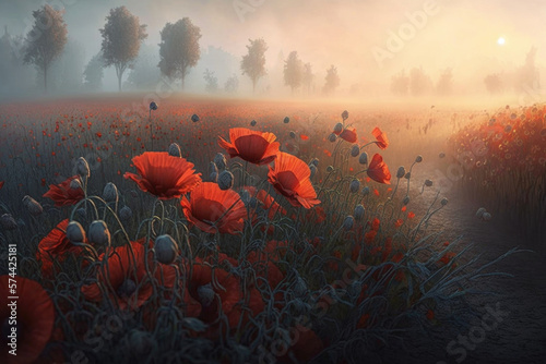 Poppy flower field background. Illustration AI Generative
