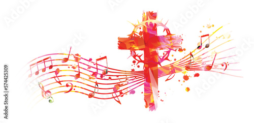 Christian cross with Crown of Thorns and musical notes stave isolated. Vector illustration. Religion themed design for Christianity and church service. Church choir background. Sacrifice concept