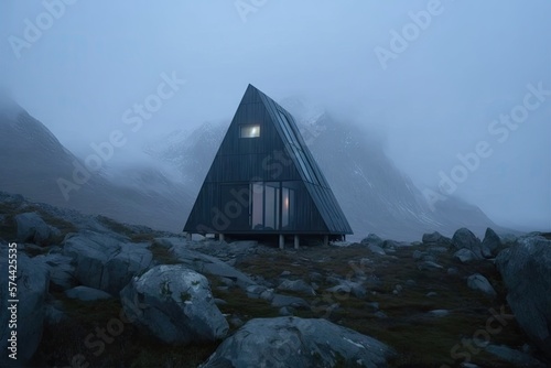 Foggy Nordic Sunrise  Cabin in the Mountain Landscape. Generative AI