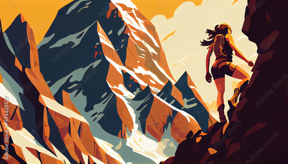 Illustration of Woman Hiking in Mountains. Generative ai