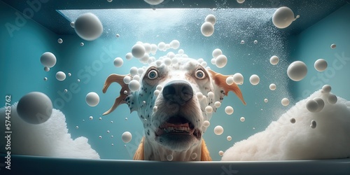 A clowny Dog in water, with bubbles photo