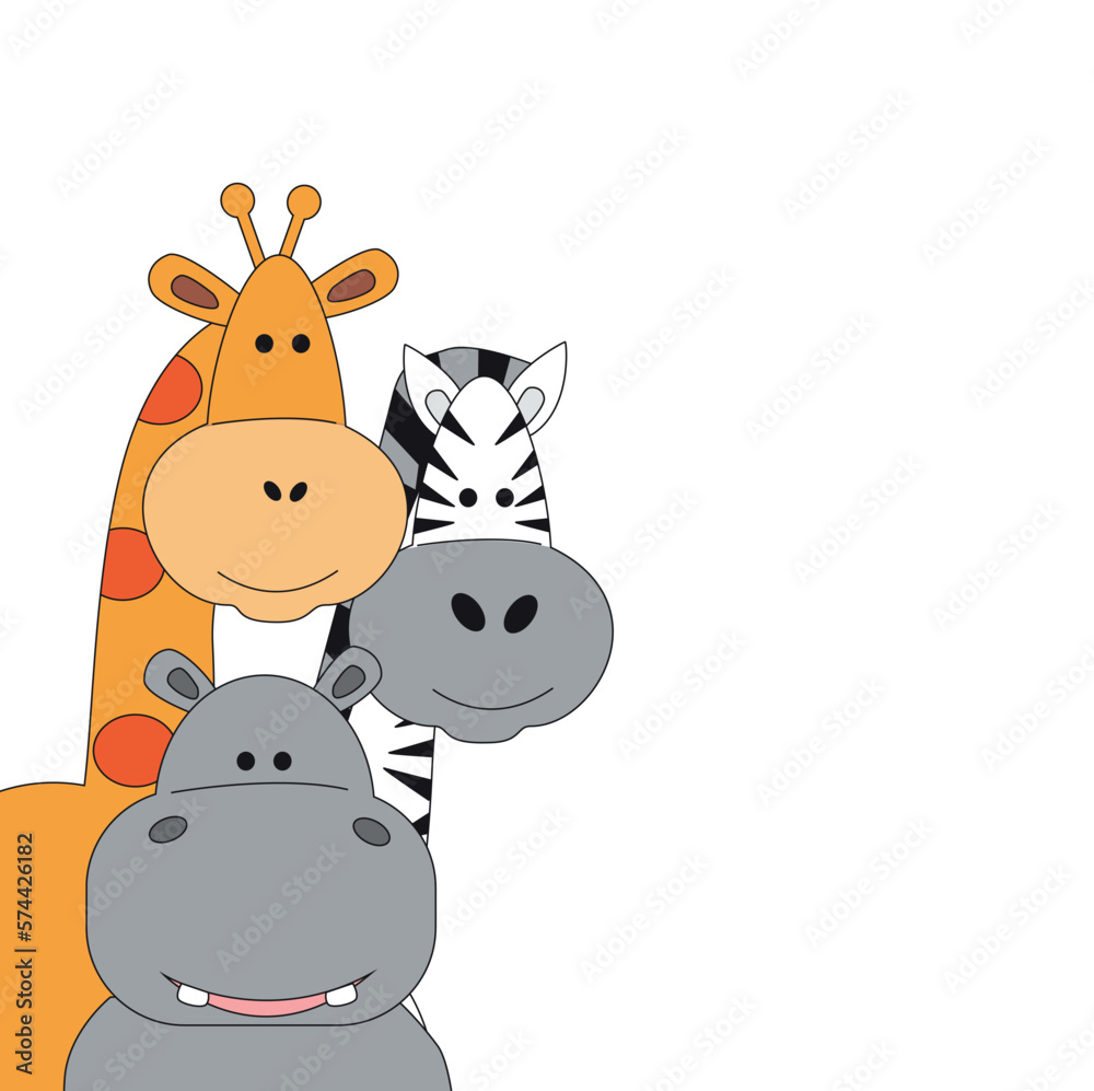 Fototapeta premium Cute Hippopotamus Zebra and Giraffe Illustration