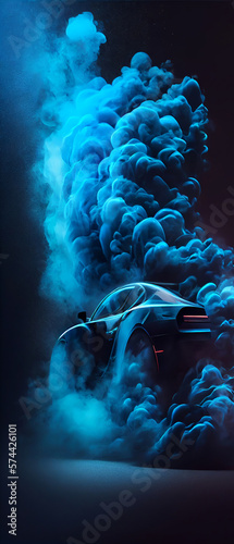Futuristic car driving through blue smoke. AI.
