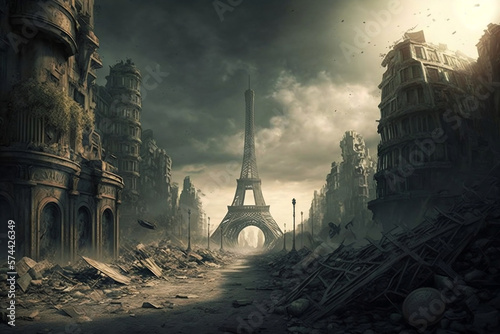 Apocalyptic view of destroyed Paris, post apocalypse world after war, Generative Ai