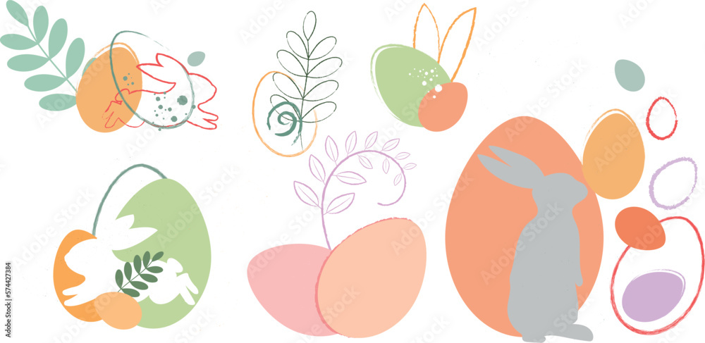 Fototapeta premium Easter holidays doodle ornaments set, Easter eggs, rabbit, bunny ears watercolor style pastel shades pink, blue, yellow, red, white.